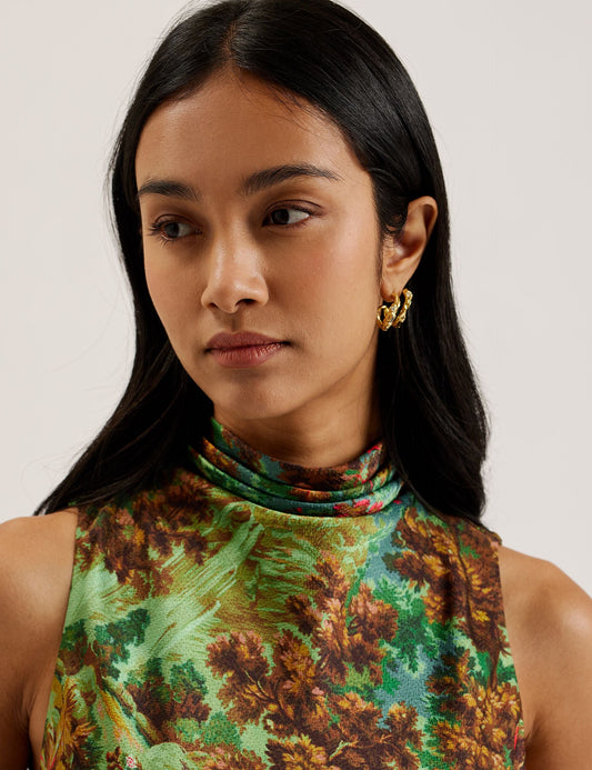 Printed High Neck Satin Midi Slip Dress
