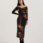 Printed Bardot Long Sleeve Midi Dress