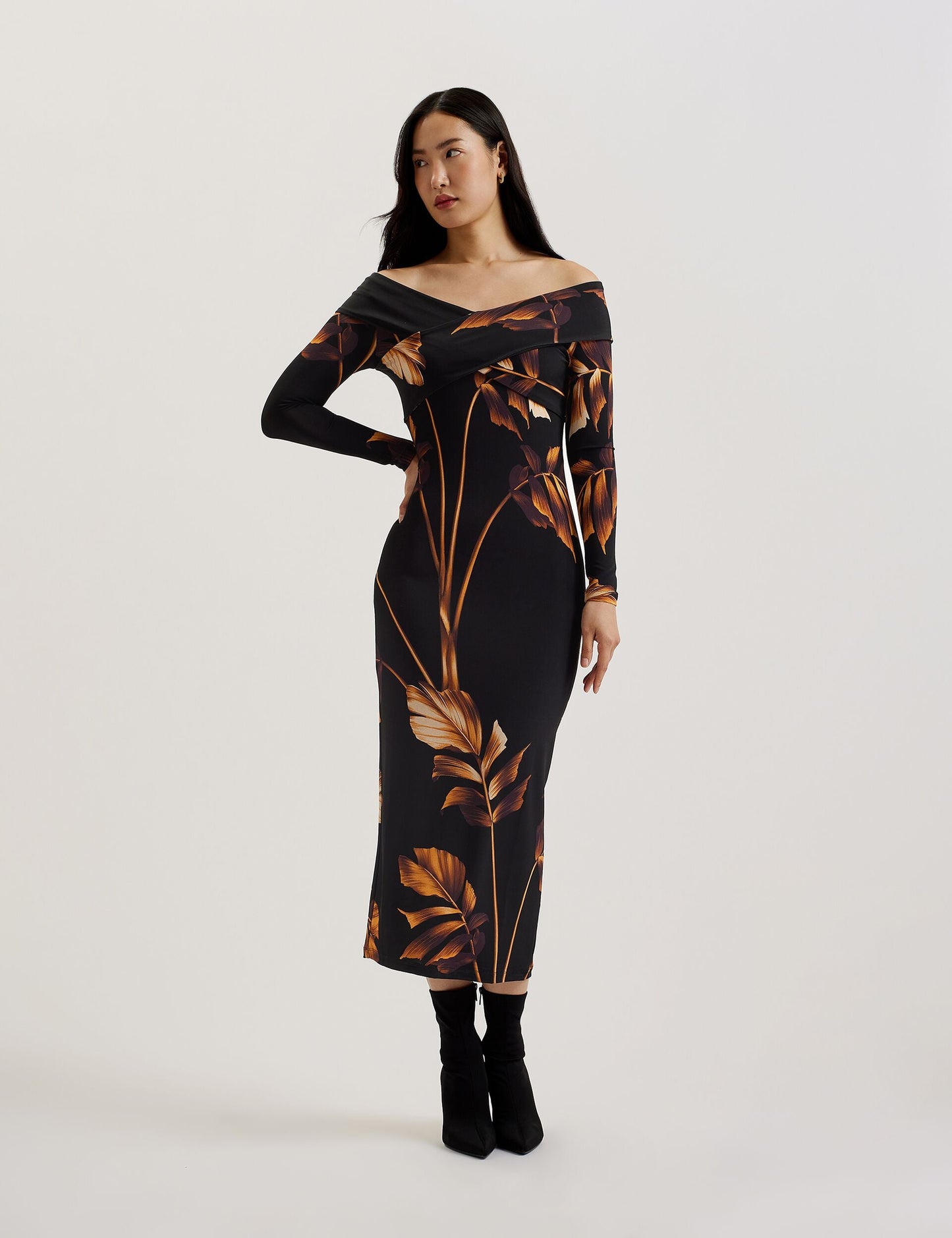 Printed Bardot Long Sleeve Midi Dress