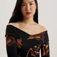 Printed Bardot Long Sleeve Midi Dress