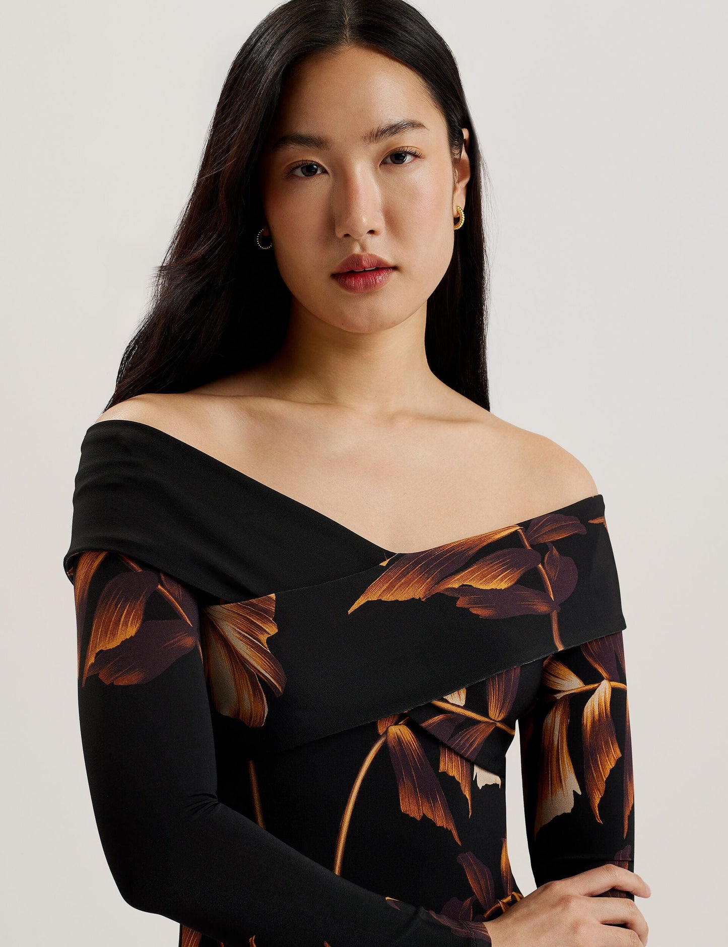 Printed Bardot Long Sleeve Midi Dress