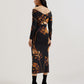 Printed Bardot Long Sleeve Midi Dress