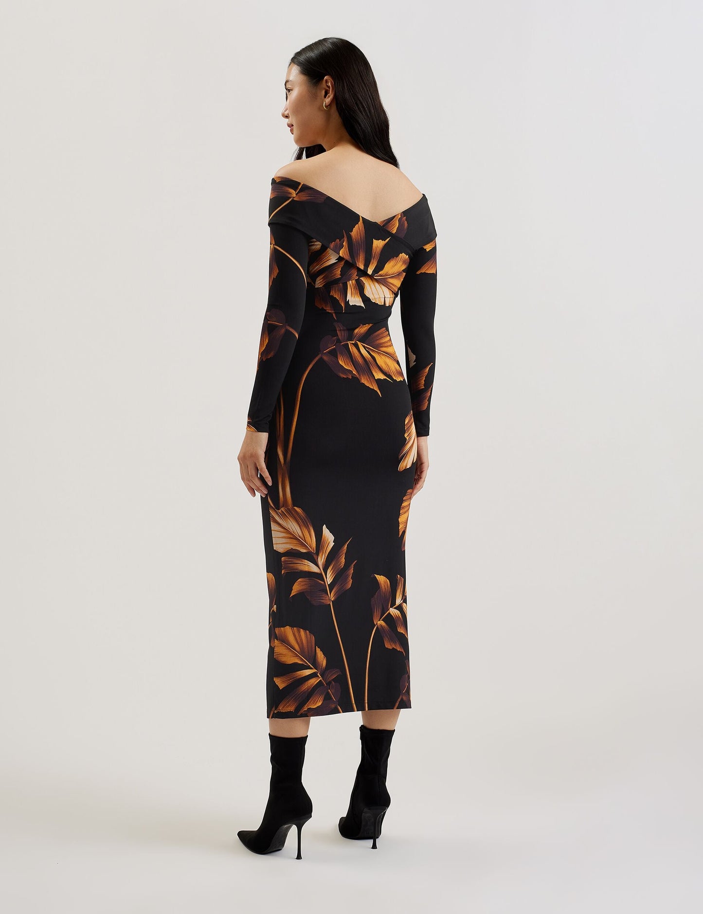 Printed Bardot Long Sleeve Midi Dress