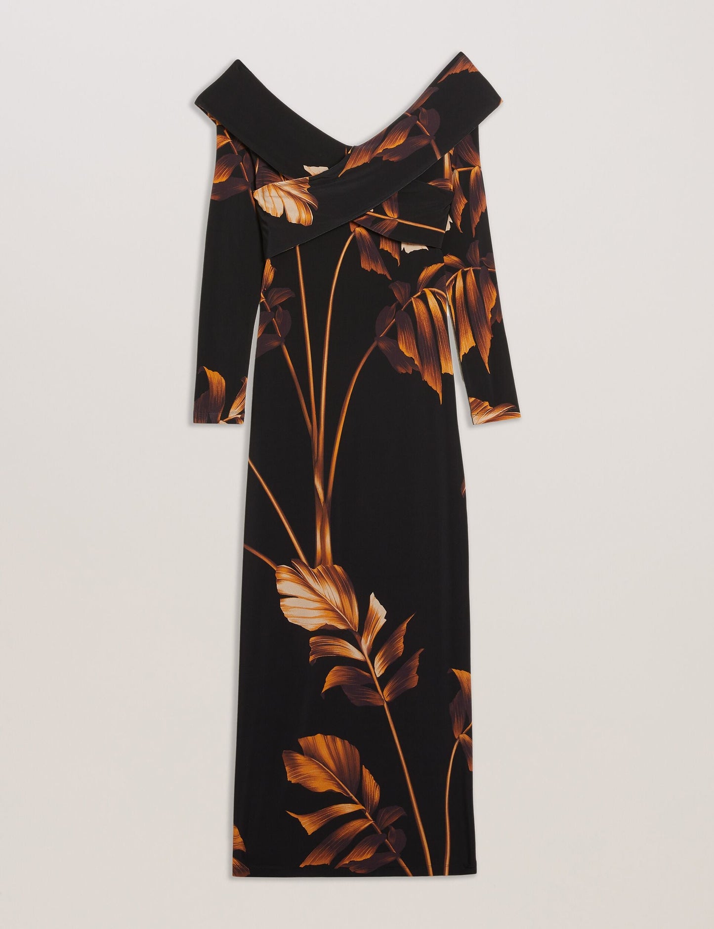Printed Bardot Long Sleeve Midi Dress