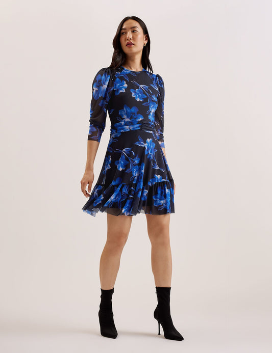 Floral Puff Sleeve Mesh Mini Dress