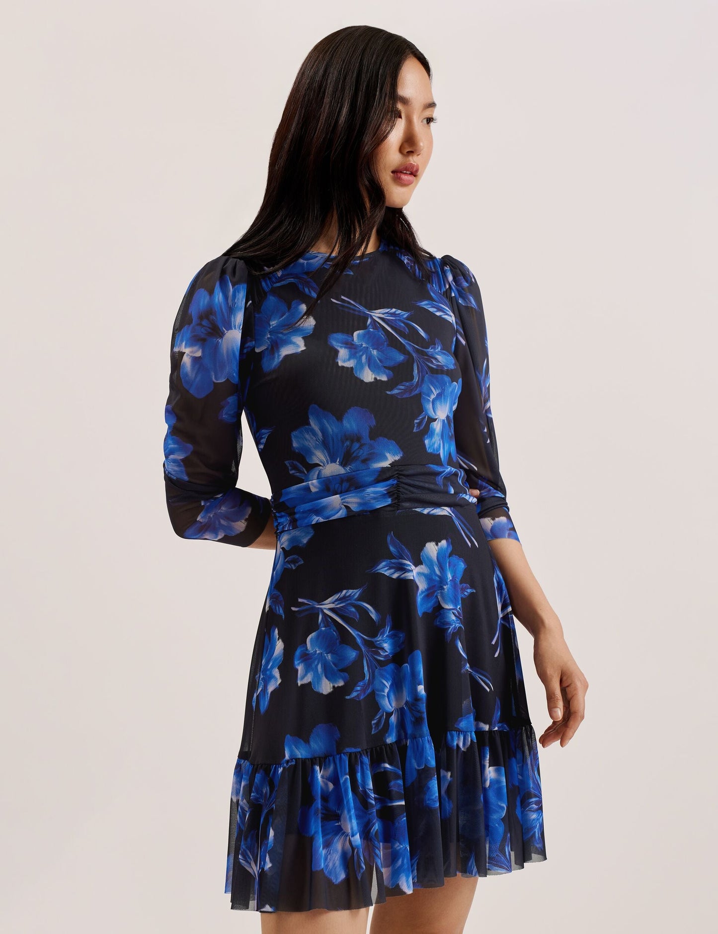 Floral Puff Sleeve Mesh Mini Dress