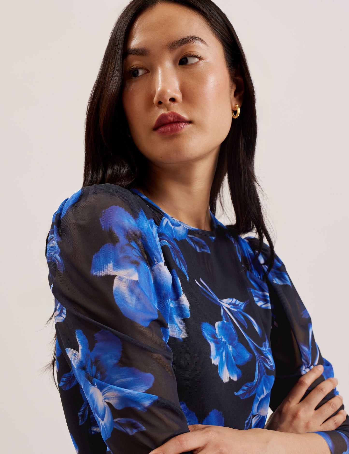 Floral Puff Sleeve Mesh Mini Dress