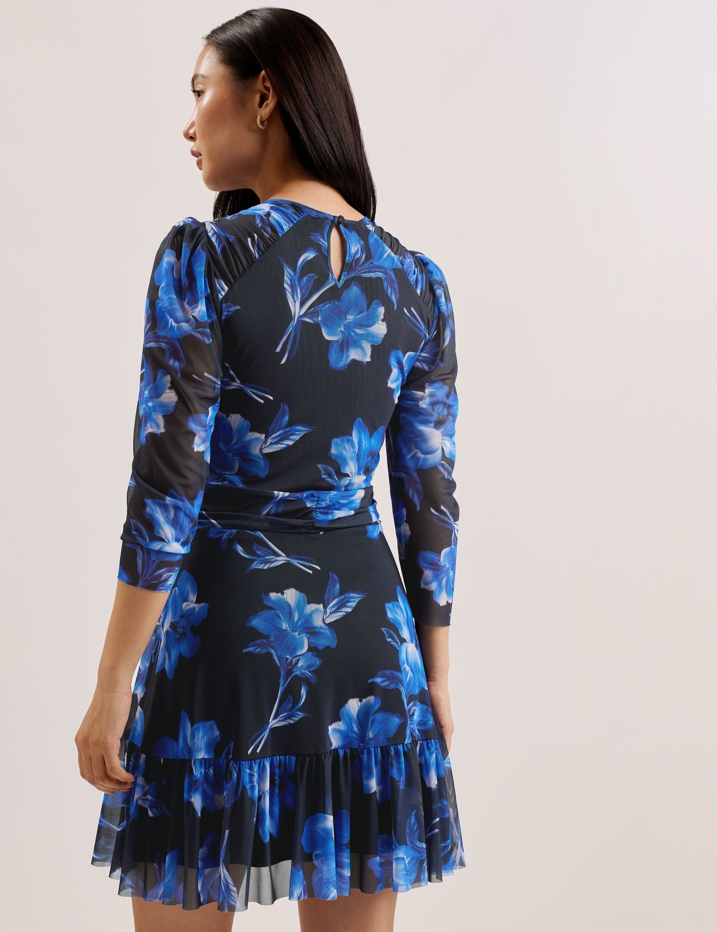 Floral Puff Sleeve Mesh Mini Dress