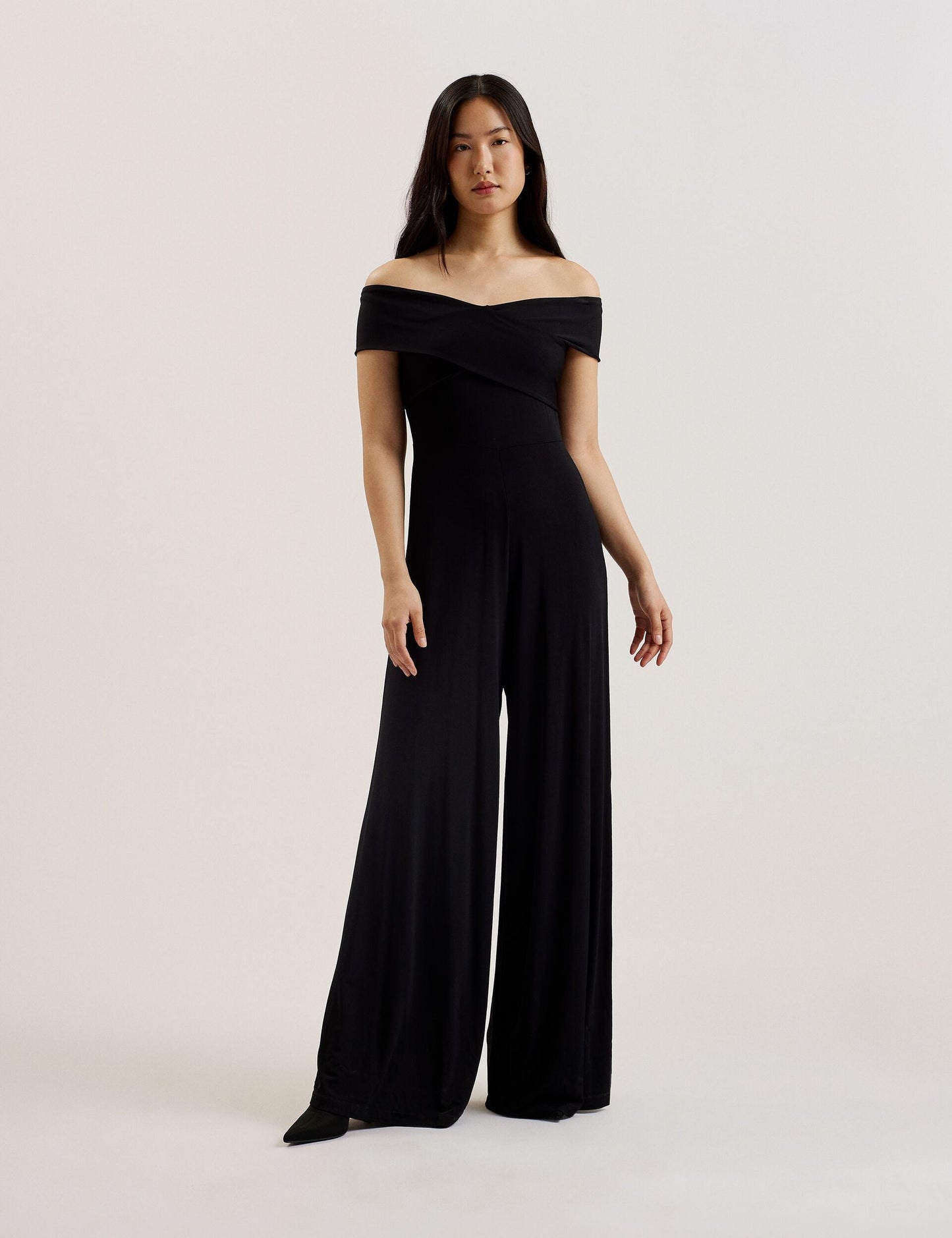 Off Shoulder Wide Leg Jersey Jumpsuit