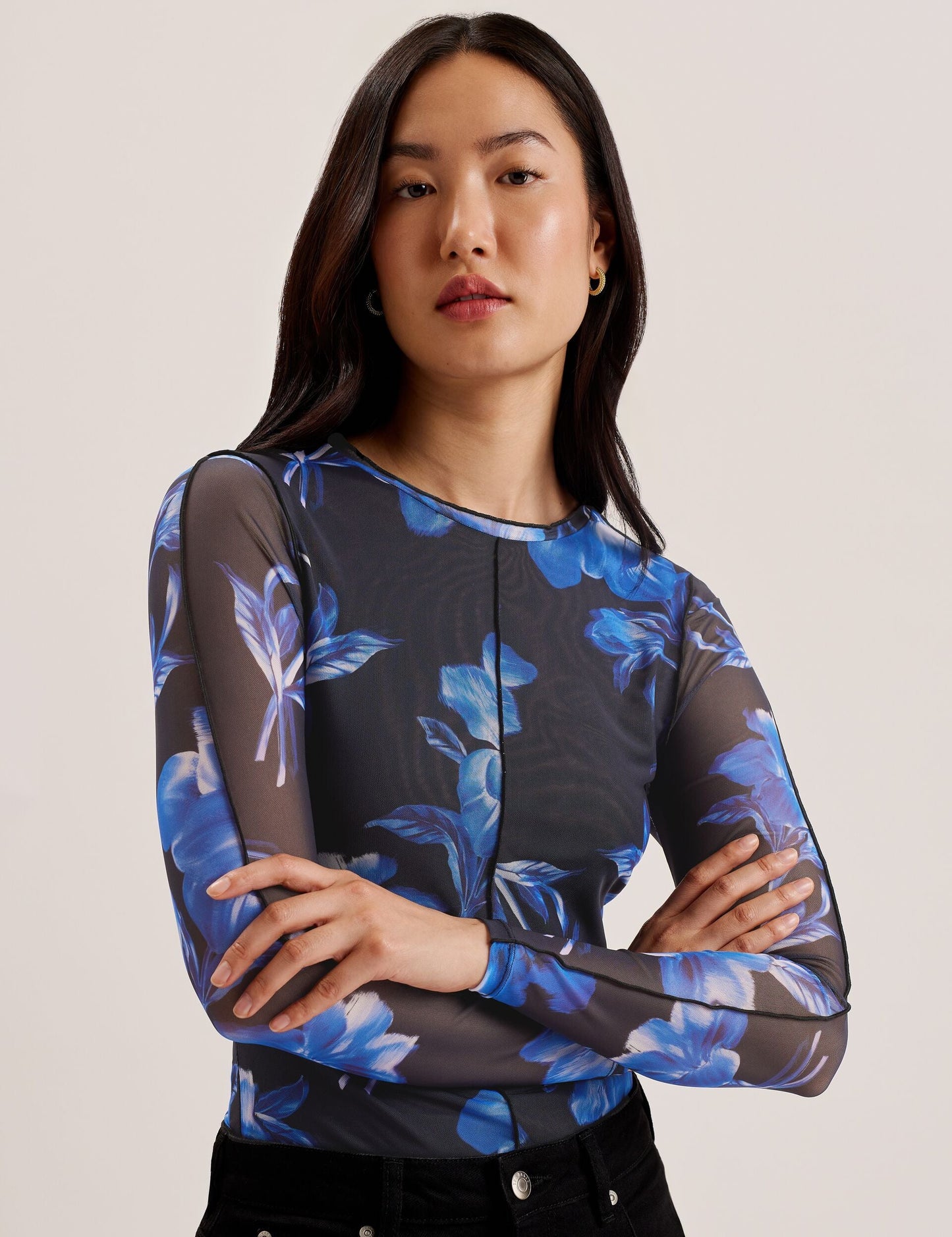 Floral Print Mesh Long Sleeve Top