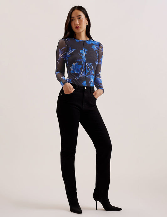 Floral Print Mesh Long Sleeve Top