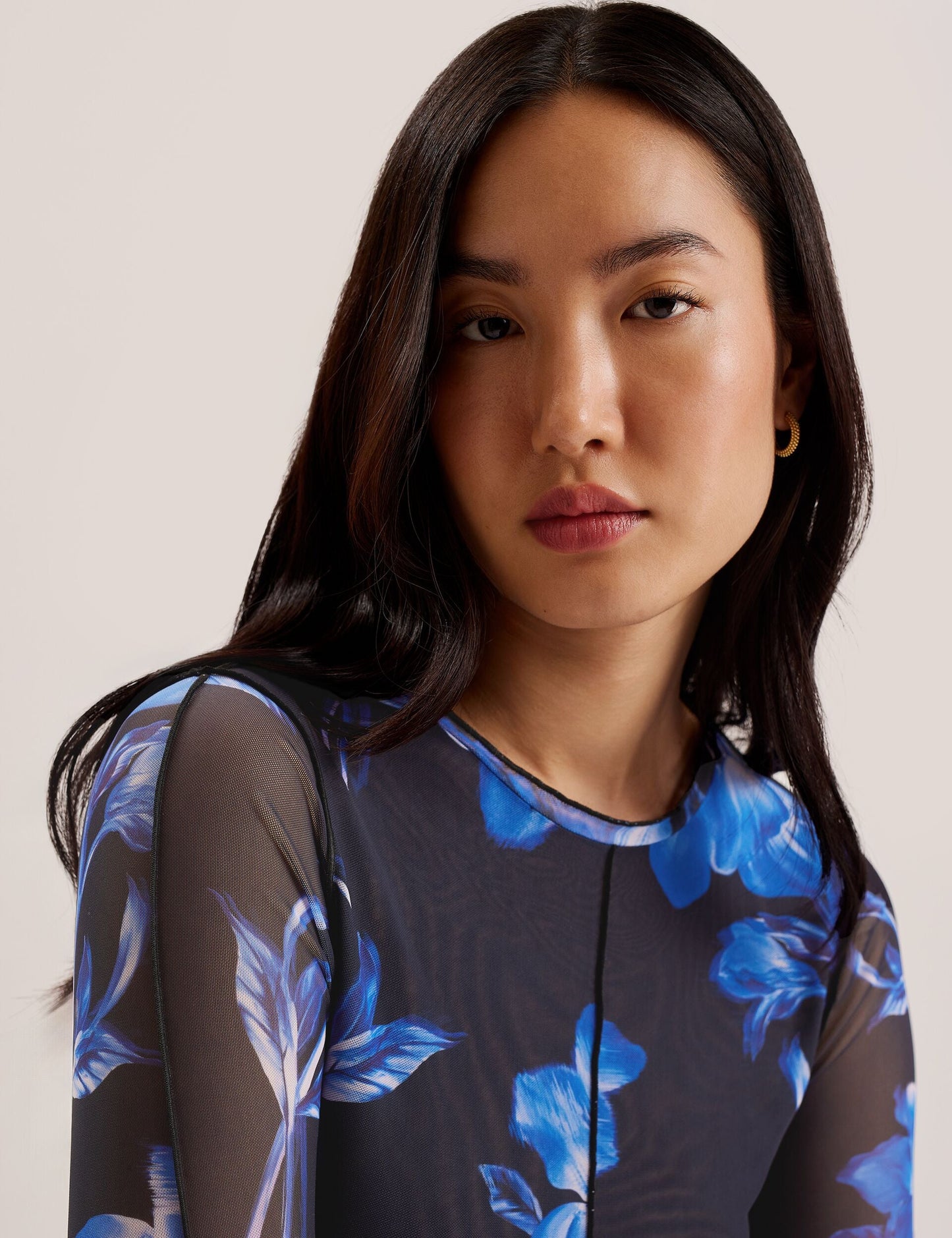 Floral Print Mesh Long Sleeve Top