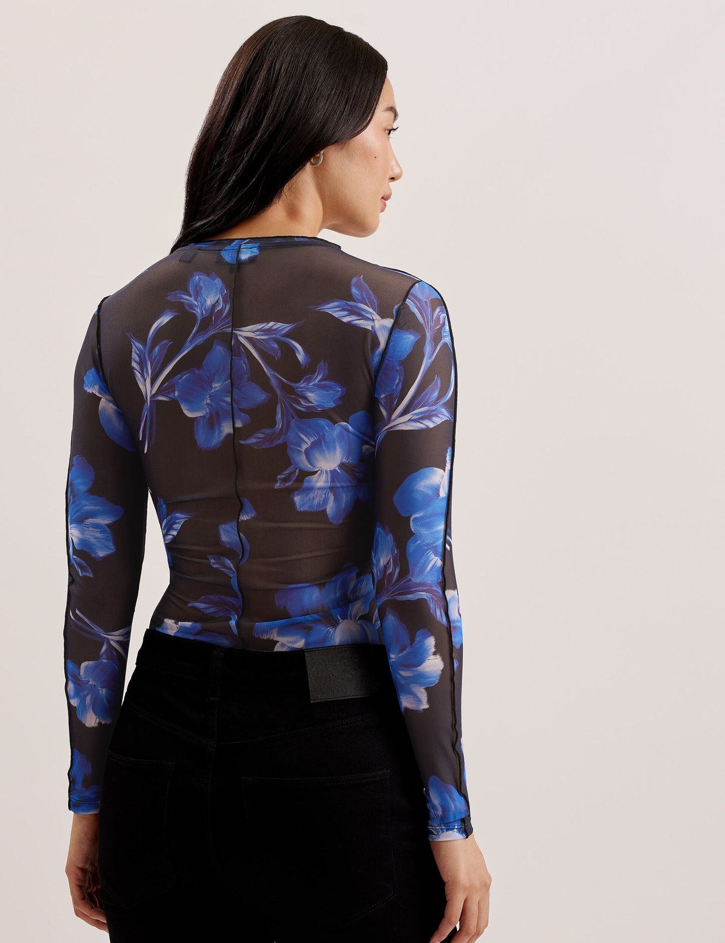 Floral Print Mesh Long Sleeve Top