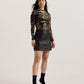 Foil Printed Slash Neck Mesh Top
