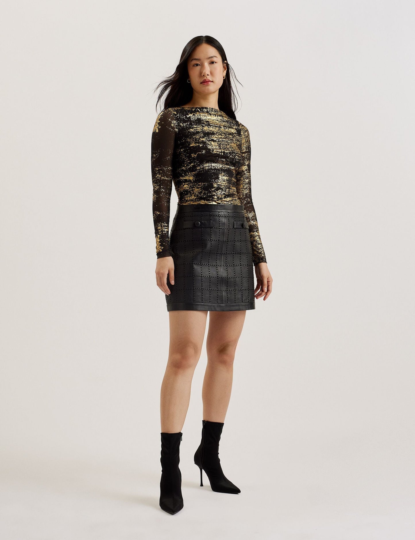 Foil Printed Slash Neck Mesh Top