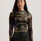 Foil Printed Slash Neck Mesh Top