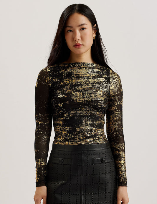 Foil Printed Slash Neck Mesh Top