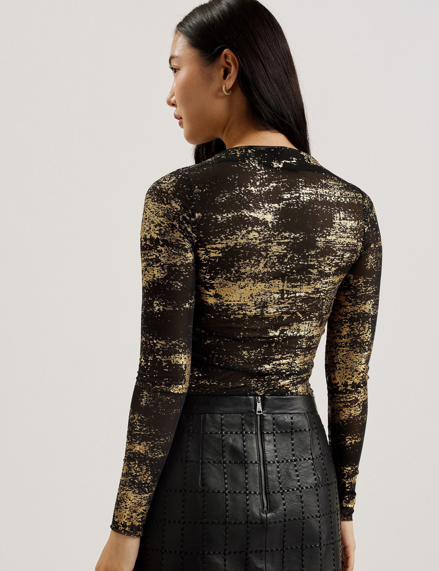 Foil Printed Slash Neck Mesh Top