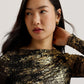 Foil Printed Slash Neck Mesh Top