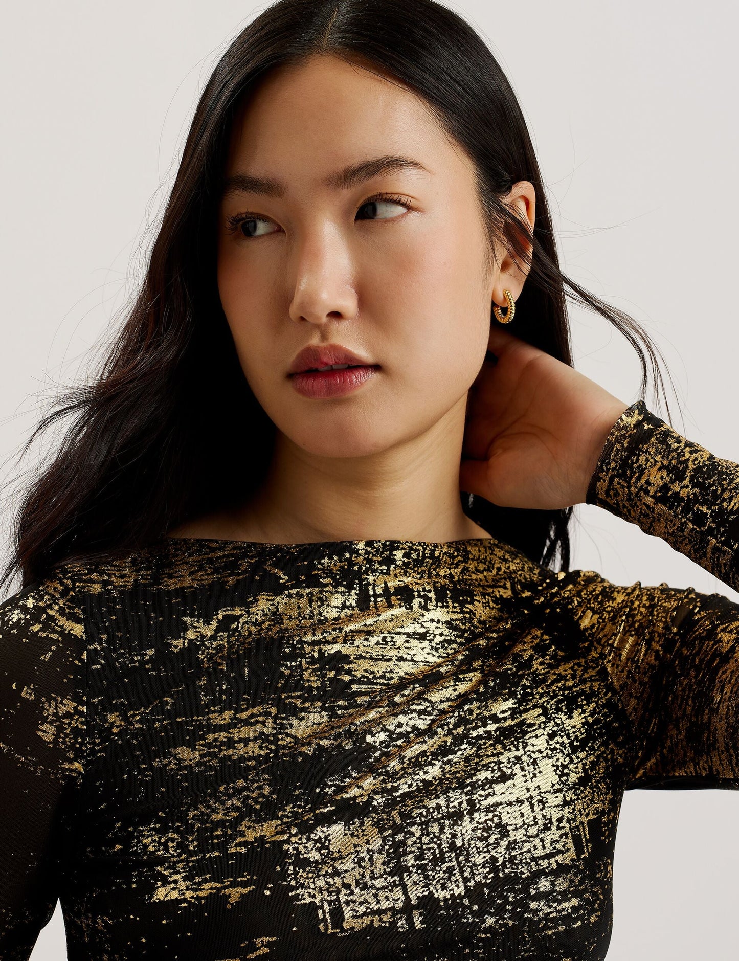 Foil Printed Slash Neck Mesh Top
