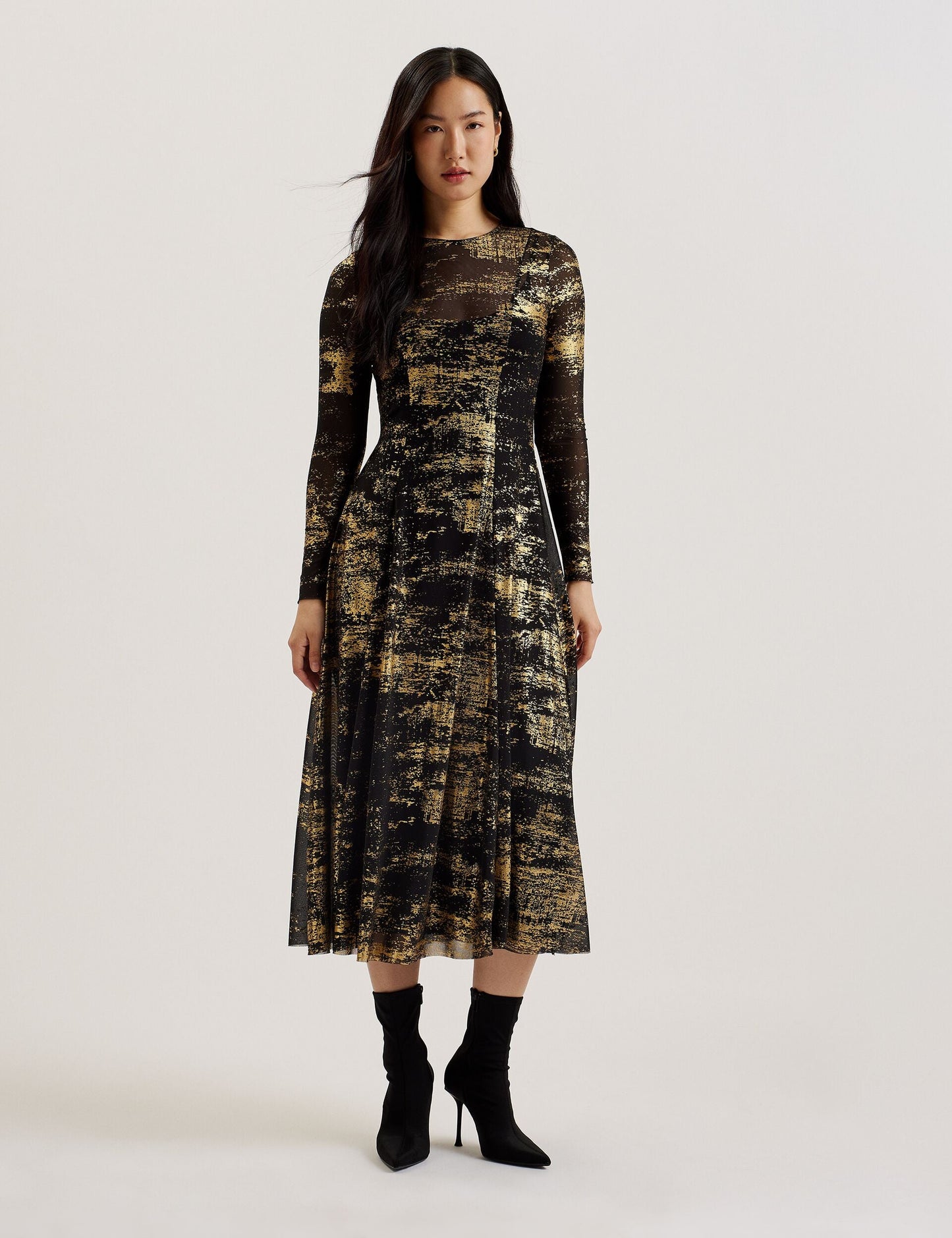 Foil Print Long Sleeve Mesh Midi Dress