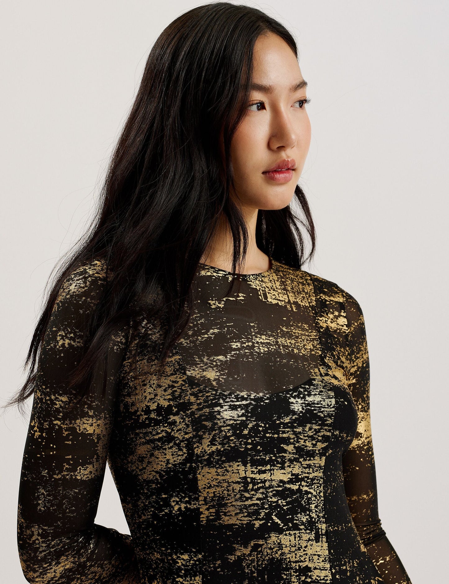 Foil Print Long Sleeve Mesh Midi Dress
