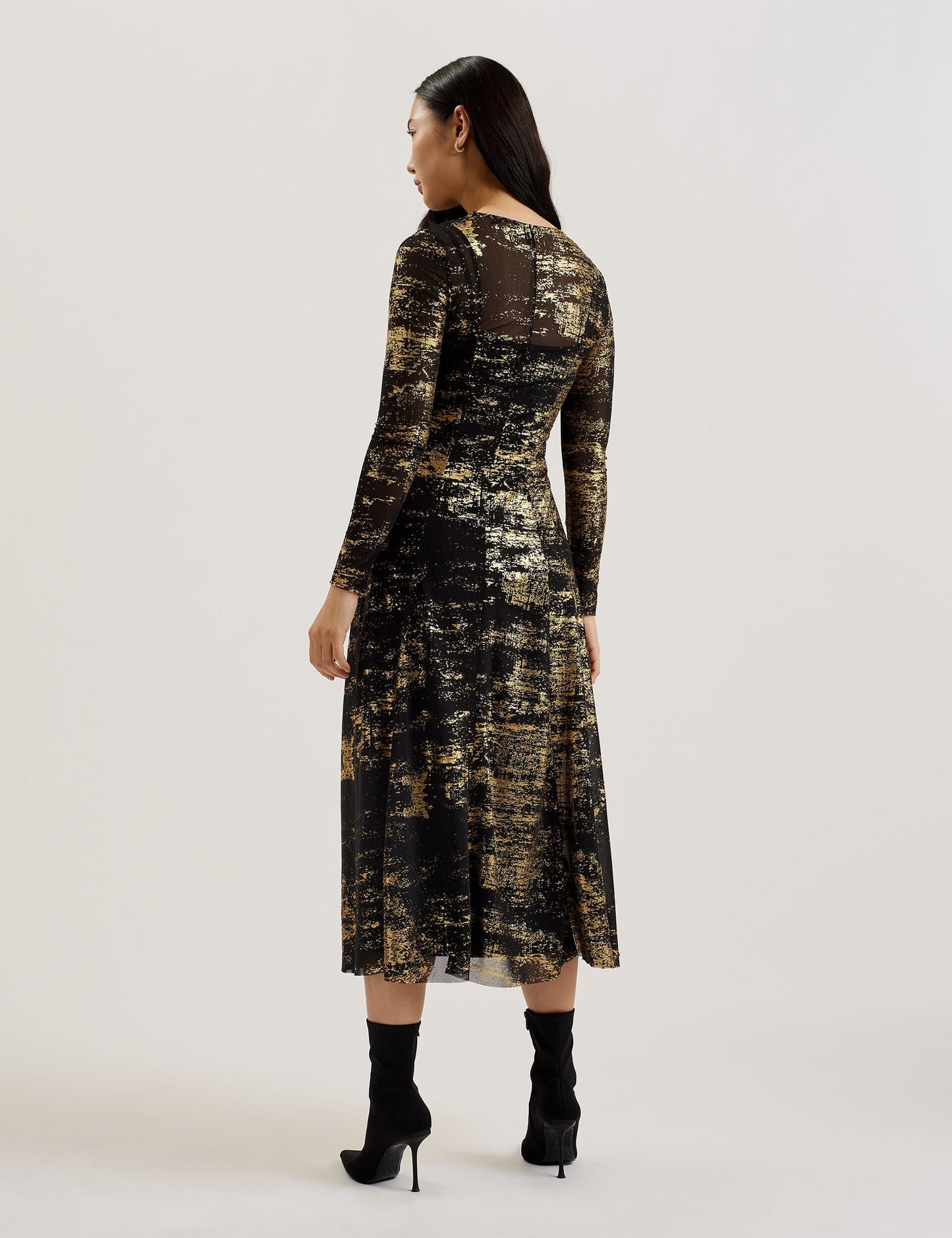 Foil Print Long Sleeve Mesh Midi Dress