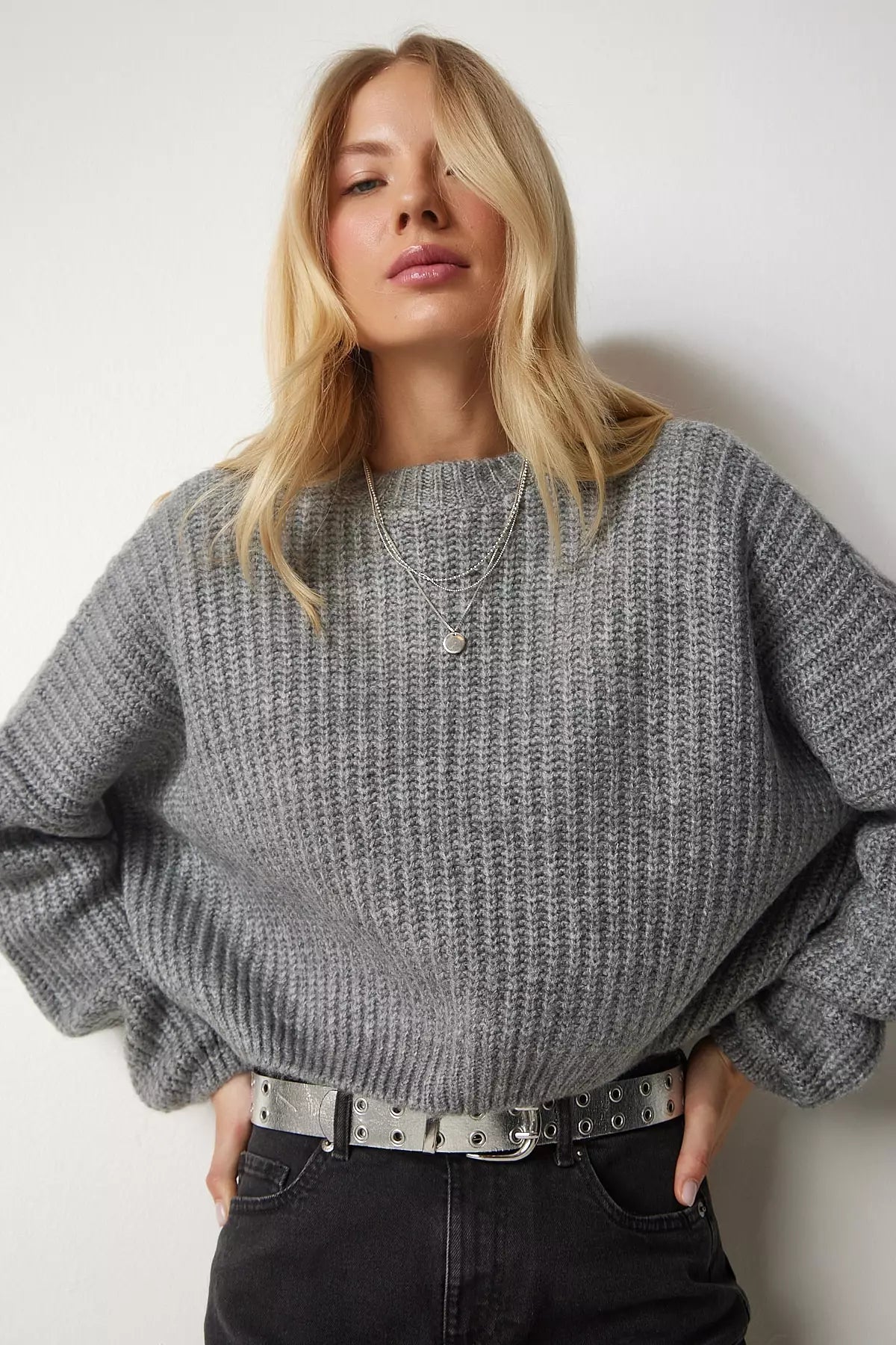 Chunky crew neck rib jumper in grey